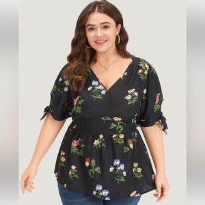 BloomChic Black Floral Flattering Tie Sleeve Blouse